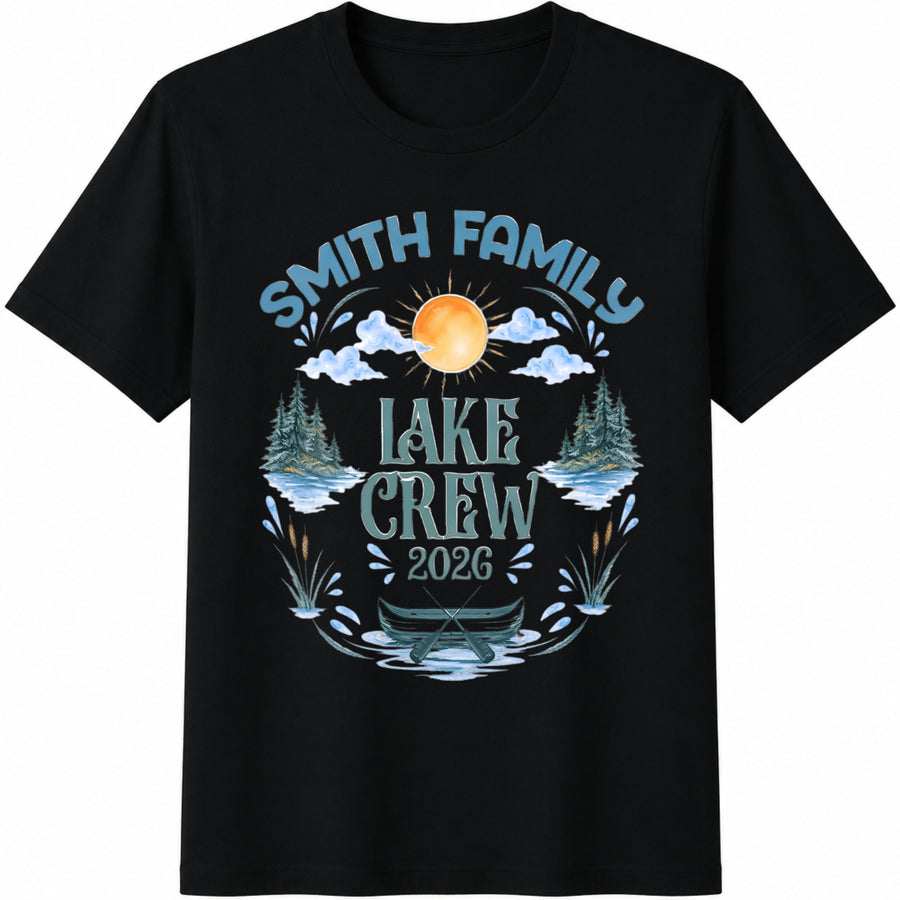 Personalized Family Lake Cotton T-Shirt in Black