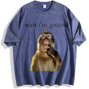 25 Wait I'm Goated Thinking Monkey Meme Brainrot vintage washed oversized T-shirt in Blue