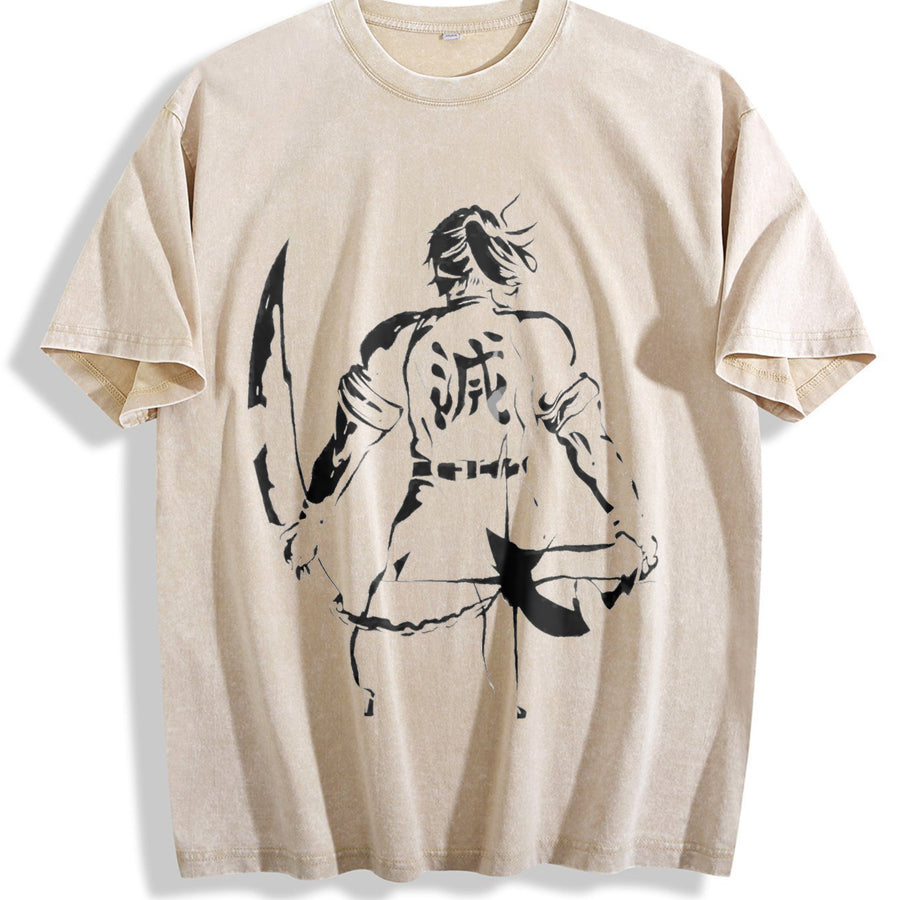 Tengen Anime V2 Fit with Bold Front and Back Demon Slayer vintage washed oversized T-shirt in Beige