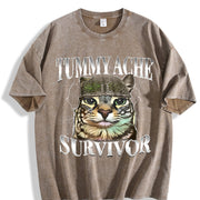 Tummy Ache Survivor Cat Meme Saying Cats Animals vintage washed oversized T-shirt in Brown