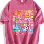 Celebrate Minds of All Kinds Floral Grid Vintage Washed T-Shirt in Red
