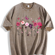 Round-neck Short-sleeve with Pink Floral and Letter Vintage Washed T-Shirt in Brown