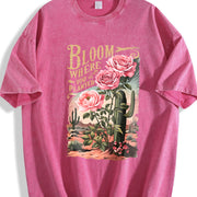 Desert Cactus Flower Letter Vintage Washed T-Shirt in Red