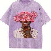 Floral Head Portrait Tank Vintage Washed T-Shirt in Purple