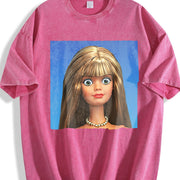 Brunette Glam Doll Portrait Vintage Washed T-Shirt in Red