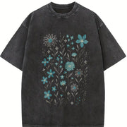 Wildflowers 90s Retro Block Peonies Vintage Washed T-Shirt in Black
