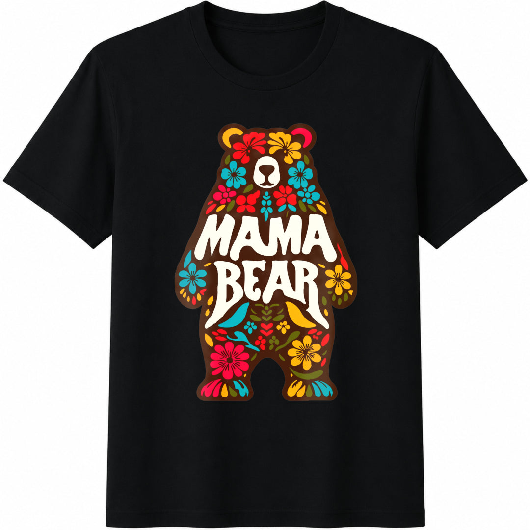 Floral Mama Bear Mothers Day Cotton T-Shirt in Black