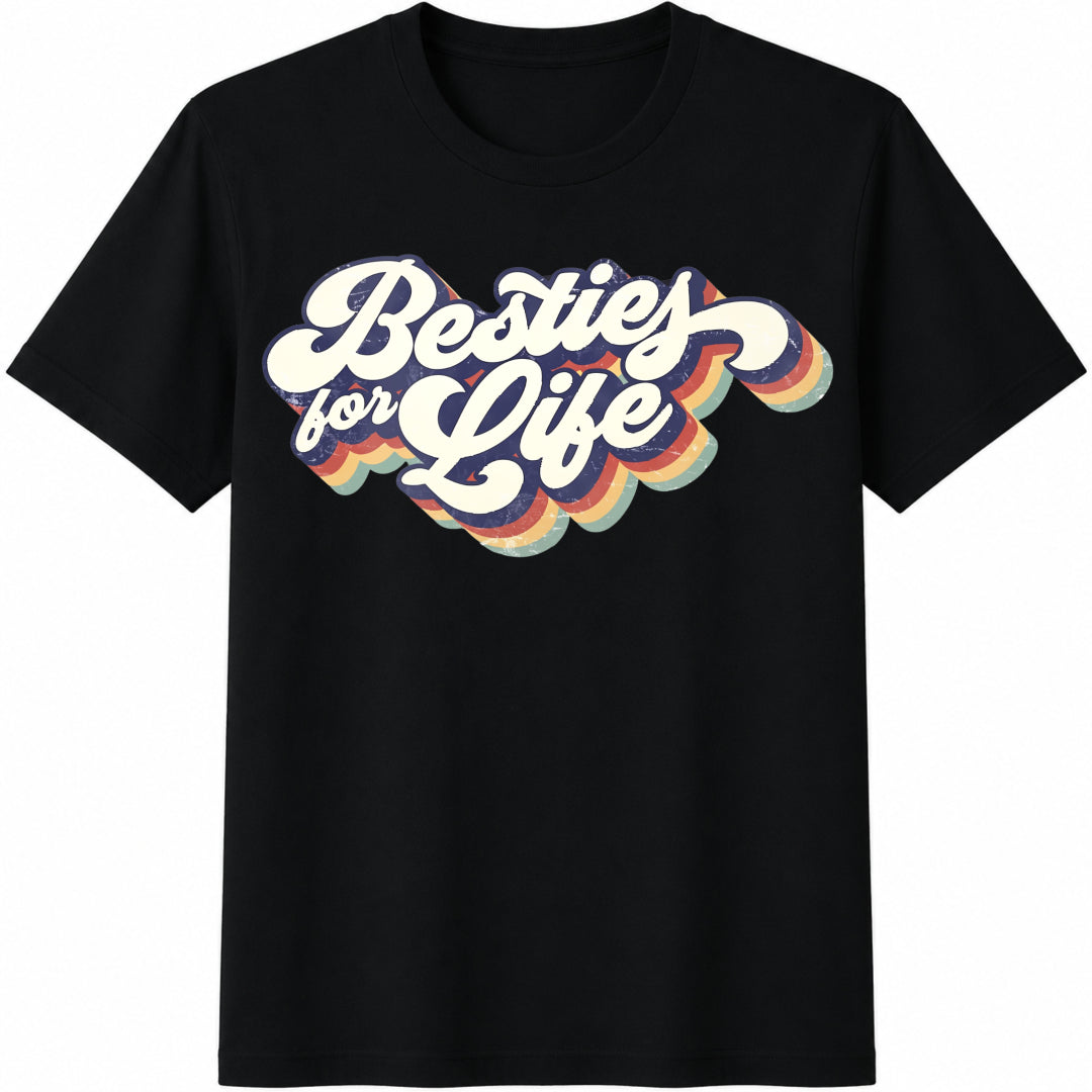 Besties for Life Retro: BFF Matching Cotton T-Shirt in Black