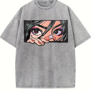 Anime Girl Peeking Eyes Sleeveless Vest Y2K Sleeveless Vintage Washed T-Shirt in Gray