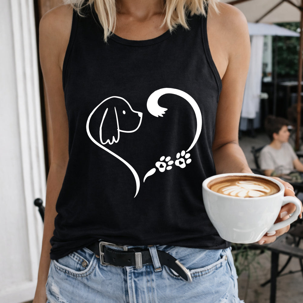 Dog Heart Paw Crew-neck Sleeveless Vest Outdoor Women's Color Cotton Tank Top in Black