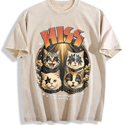 HISS Cat Band Retro Rock Concert Vintage Washed T-Shirt in Beige
