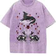 Fantasy Mysterious Floral Fox Skull Rabbit One-piece Vintage Washed T-Shirt in Purple
