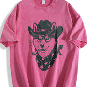 Smoking Cowboy Shiba Inu Retro Vintage Washed T-Shirt in Red