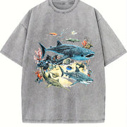 Marine Biology Ocean Sharks Illustration Boxy Vintage Washed T-Shirt in Gray