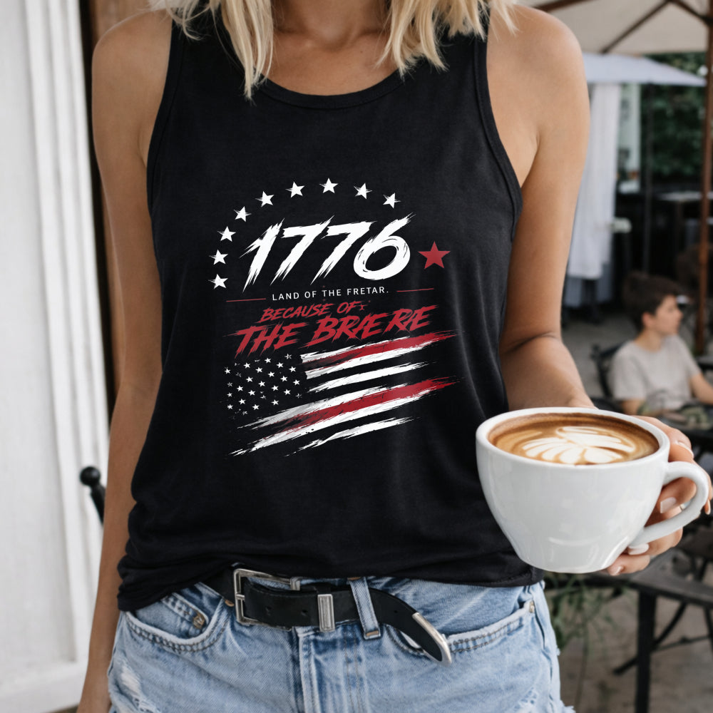 1776 Patriotic Land of the Free Because of the Brave Women's Color Cotton Tank Top in Black