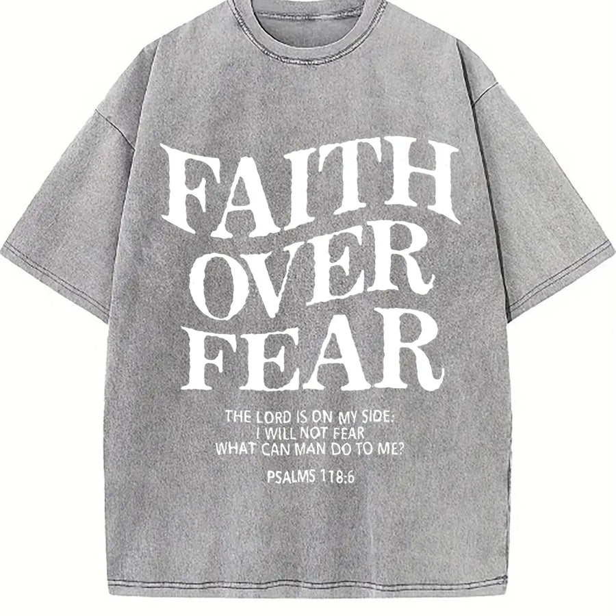 Retro 230 Pure 'FAITH OVER FEAR' Letter Fashionable vintage washed oversized T-shirt in Gray