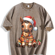 New Year Winter Year of the Horse Cartoon Pony Vintage Washed T-Shirt in Brown