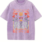 Boho Wildflowers Boho Floral Art Nouveau Vintage Washed T-Shirt in Purple