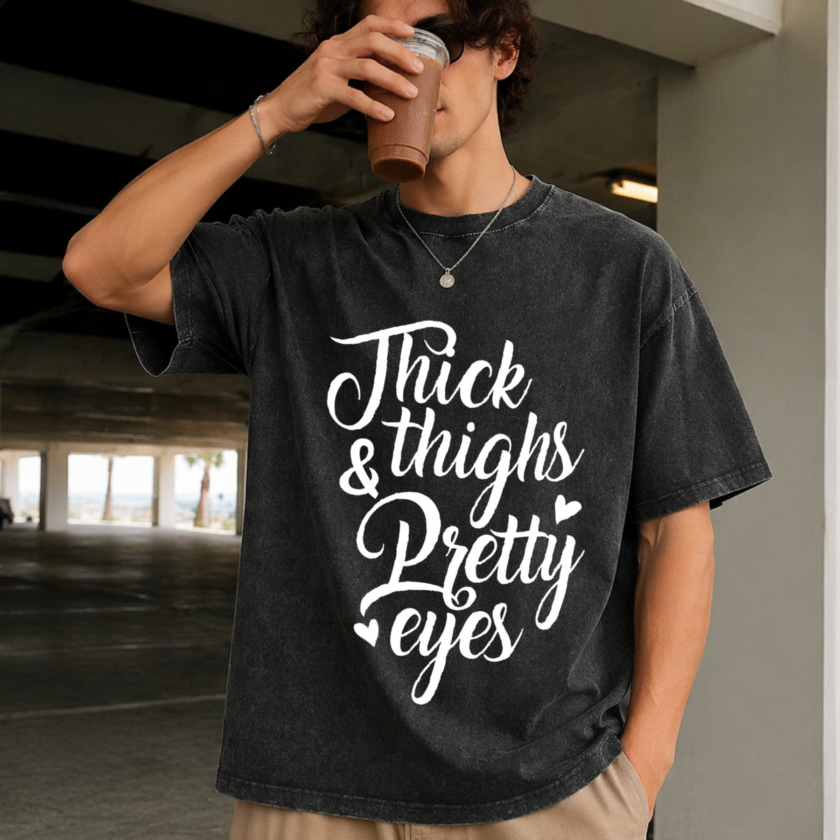 THICK Thighs & Pretty EYES Vintage Washed T-Shirt in Black