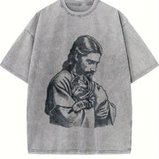 Retro Religious Jesus Hugs Cat Christ Vintage Washed T-Shirt in Gray