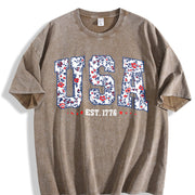 Floral USA America Vintage Washed T-Shirt in Brown