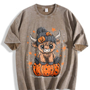 Highland Cow Halloween Vintage Washed T-Shirt in Brown