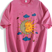 Retro Sun Moon Celestial Vintage Washed T-Shirt in Red