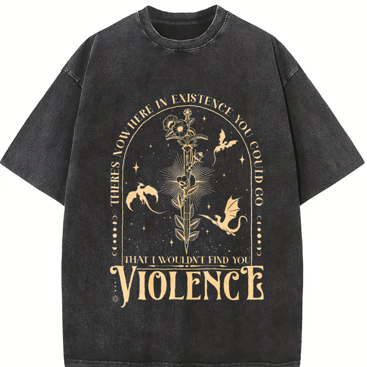 Nowhere in Existence Violence Violet Sorrengail vintage washed oversized T-shirt in Black