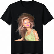 Messy Hair Doll Portrait Cotton T-Shirt in Black
