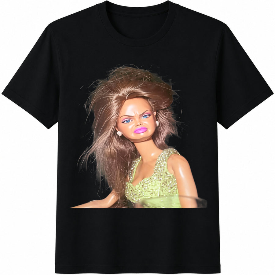 Messy Hair Doll Portrait Cotton T-Shirt in Black