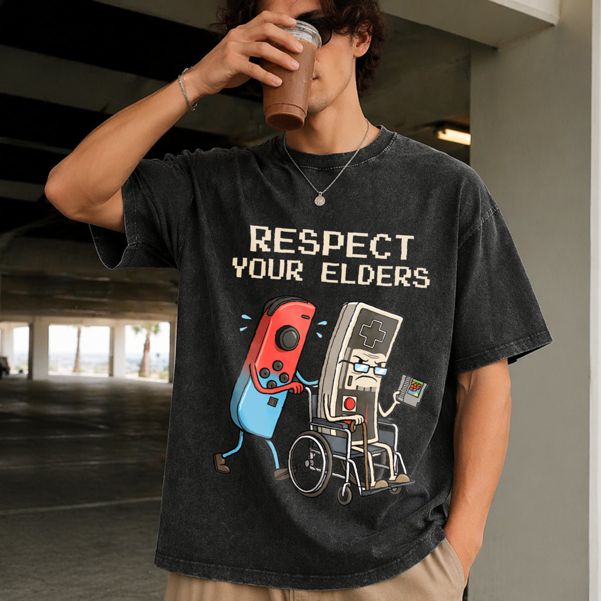 Respect Your Elders Vintage Washed T-Shirt in Black