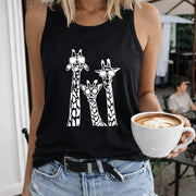 Three Giraffes in Glasses Women's Color Cotton Tank Top in Black