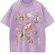 With Forest Animals and Flowers Vintage Washed T-Shirt in Purple