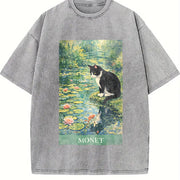 Monet Cat Art Water Lily Impressionist Vintage Washed T-Shirt in Gray