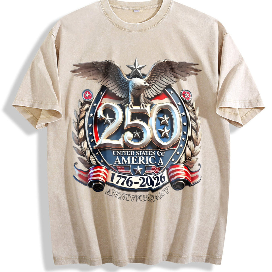 USA 250th Anniversary 1776-2026 Eagle Badge Vintage Washed T-Shirt in Beige