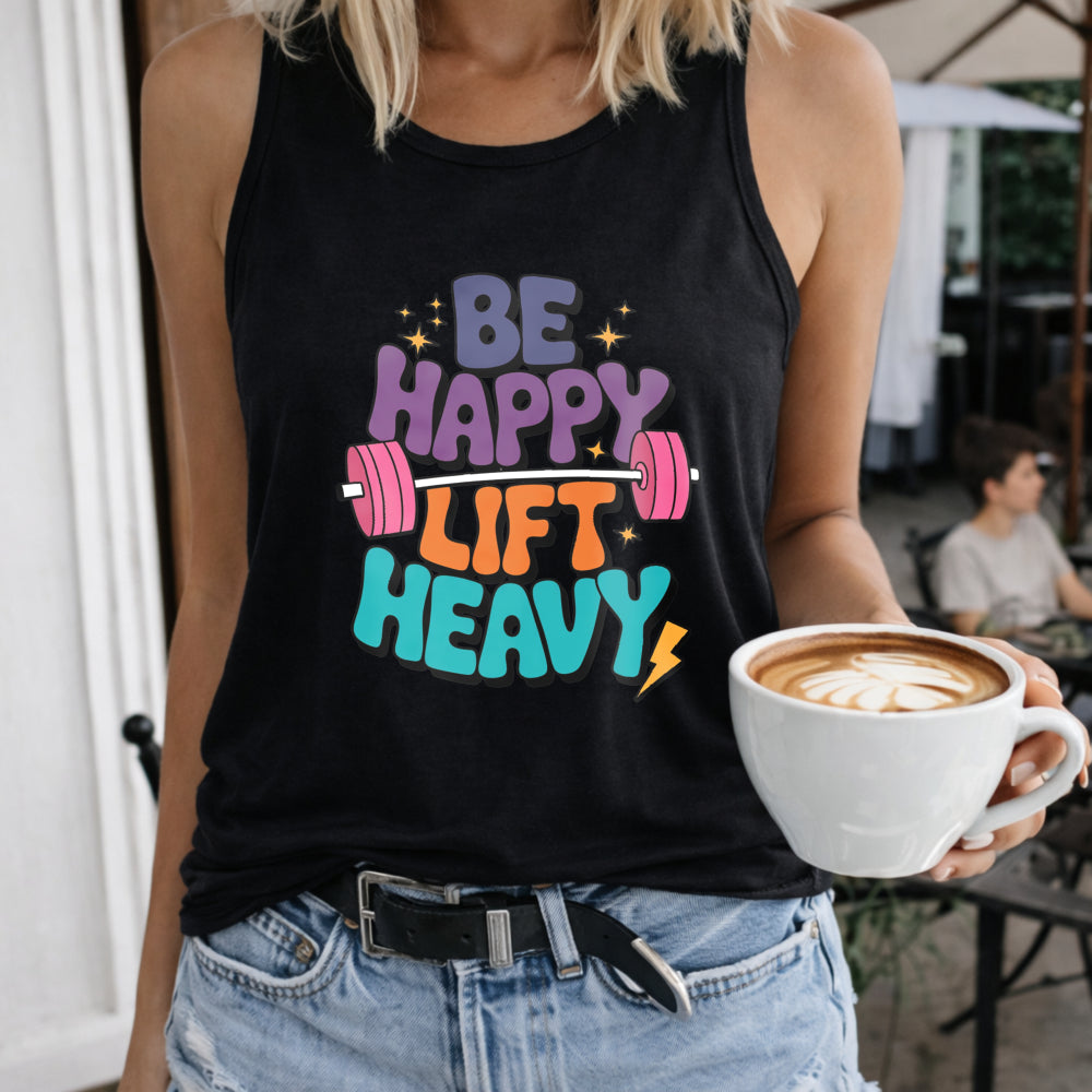 Be Happy Lift Heavy Women's Color Cotton Tank Top in Black