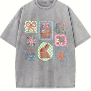 Coquette Easter Bow & Bunny Patchwork vintage washed oversized T-shirt in Gray