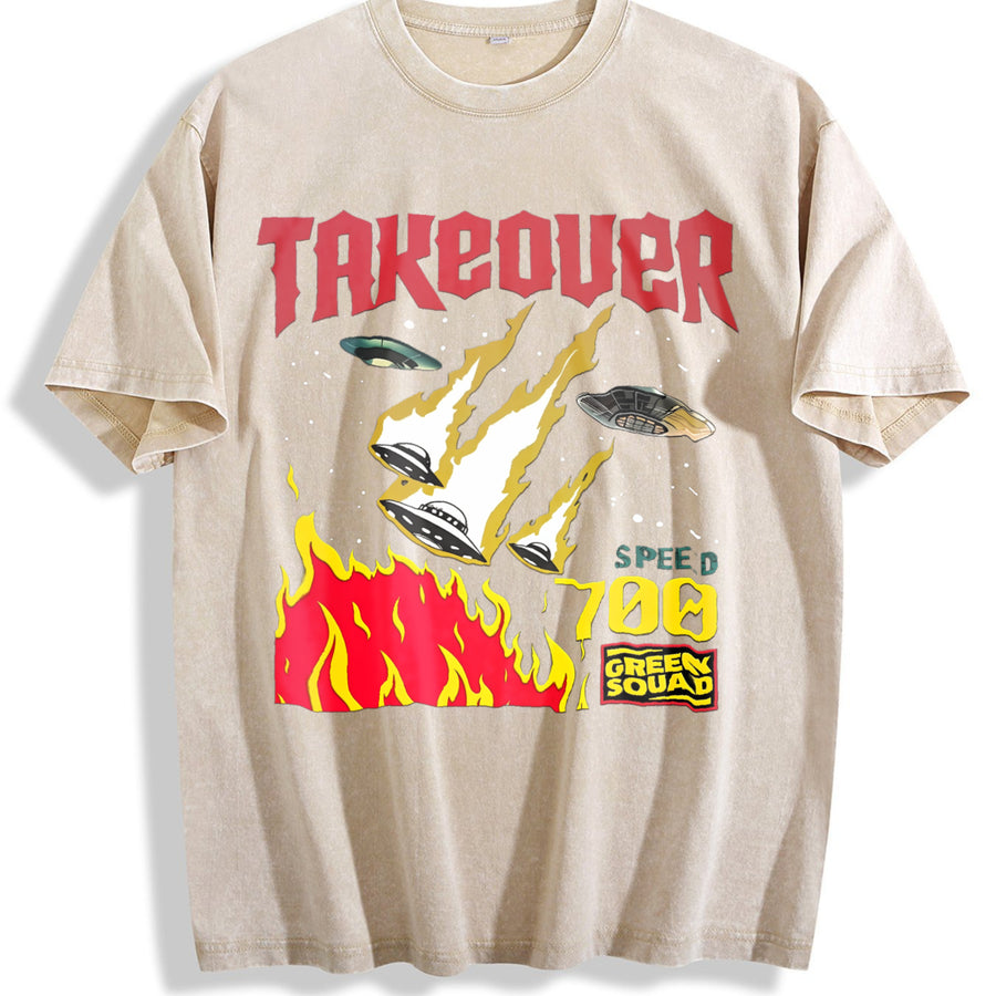 Takeover UFO Alien Fire Sleeveless Tank Vintage Washed T-Shirt in Beige