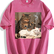 Smoking Cat Tattooing a White Cat Vintage Washed T-Shirt in Red