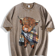 Scottish Highland Cow Plaid Vintage Washed T-Shirt in Brown
