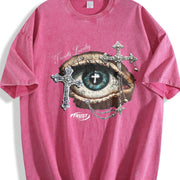 Eye & Cross Gothic Grunge Y2k Emo Scene Amity Affliction Vintage Washed T-Shirt in Red