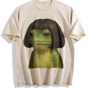 Bob Haircut Frog Meme vintage washed oversized T-shirt in Beige