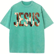 Brushstroke Cow Jesus Western Christian Faith Based vintage washed oversized T-shirt in Blue