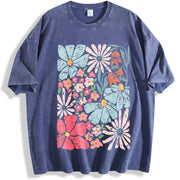 Blossoms Gorgeous Abstract Flowers Boho Floral vintage washed oversized T-shirt in Blue