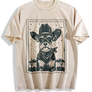 Retro Cowboy Schnauzer Stamp Vintage Washed T-Shirt in Beige