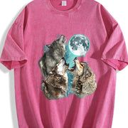 Retro Howling Wolves Vintage Washed T-Shirt in Red