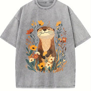 Botanical Otter & Plants Vintage Washed T-Shirt in Gray