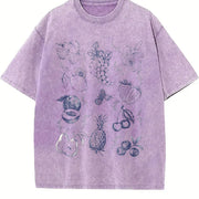 Fruits and Berries Retro 90s Tattoo Vintage Washed T-Shirt in Purple