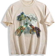 Three Turtles 90s Retro Turtle Moon Vintage Washed T-Shirt in Beige