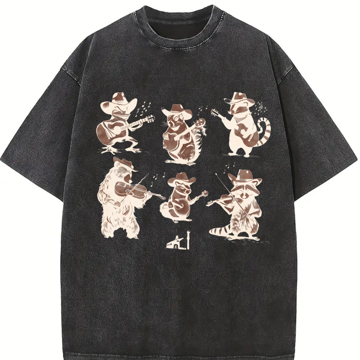 Animal Musicians 90s Vintage Washed T-Shirt in Black